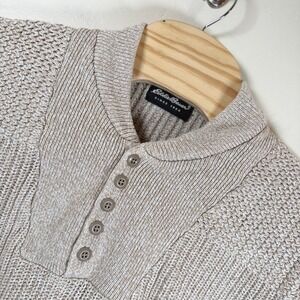 Eddie Bauer Henley Chunky Knit Sweater Men XL Tall Beige Cotton Heavyweight READ